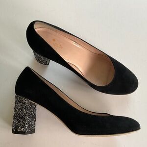 KATE SPADE  DOLORES  Black Suede / Silver Glitter Block Heels Size 9.5